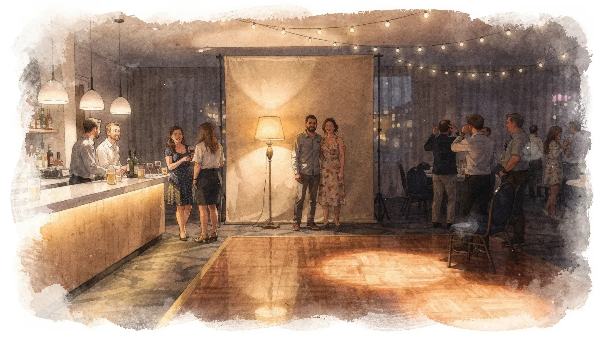 An event room showing three simple “light pocket” areas for crowd photos: a well-lit bar counter, a small photo corner with a lamp and neutral backdrop, and a dance floor edge with steady warm lighting. People are gathered casually, and the scene illustrates where to stand for sharper low-light group shots.