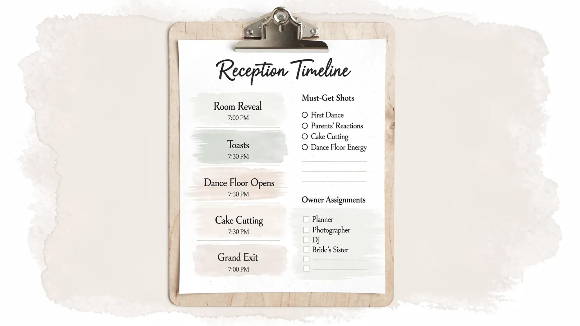 A simple wedding reception timeline board on a clipboard with labeled blocks like “Room Reveal,” “Toasts,” and “Dance Floor Opens,” alongside a short must-get shot list and owner assignments.