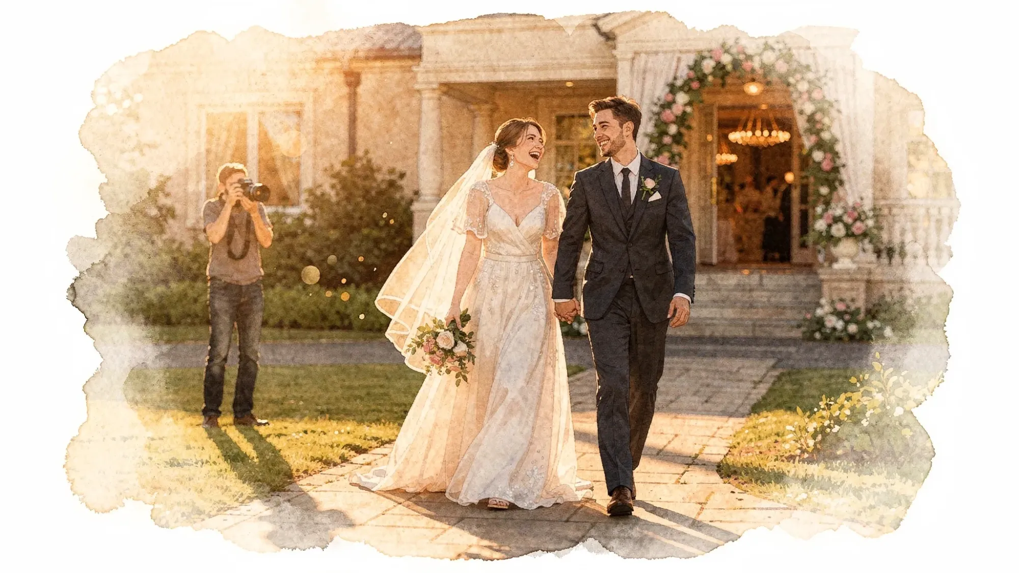 A bride and groom walking hand-in-hand during golden hour outside a wedding venue, laughing naturally while a photographer captures the moment from a short distance with a camera.