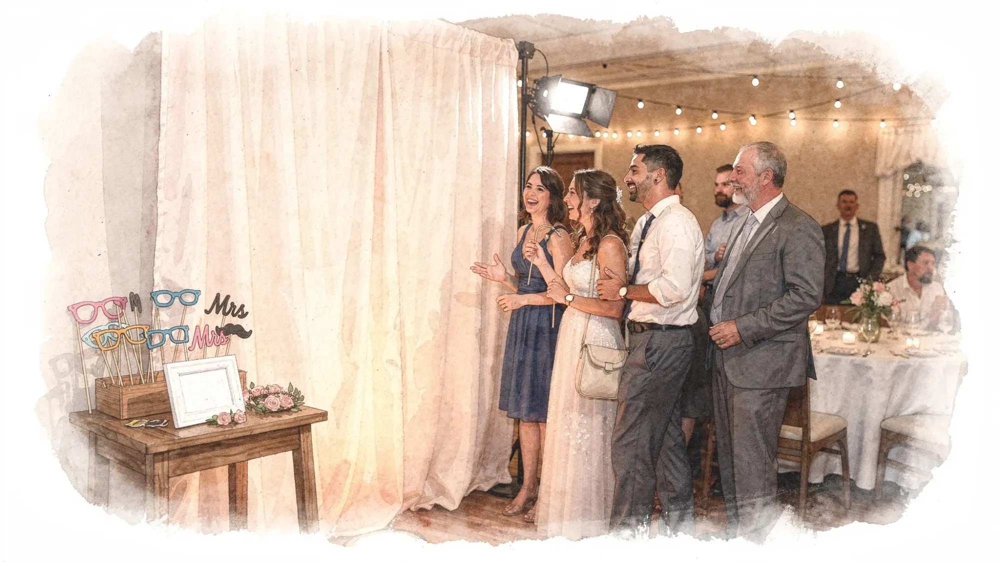 A wedding reception corner with a photo booth setup: a simple backdrop, flattering soft lighting, a small prop table, and a short line of guests laughing while they wait.