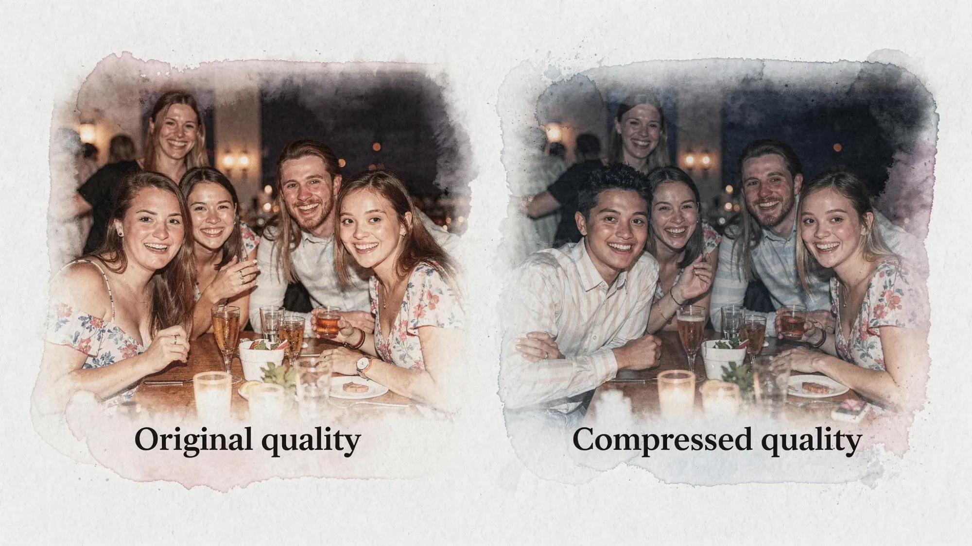 A side-by-side comparison of the same party photo: on the left, a sharp high-resolution image with natural skin tones; on the right, a compressed version with smeared detail and banding in the shadows, illustrating how sharing methods can reduce quality.