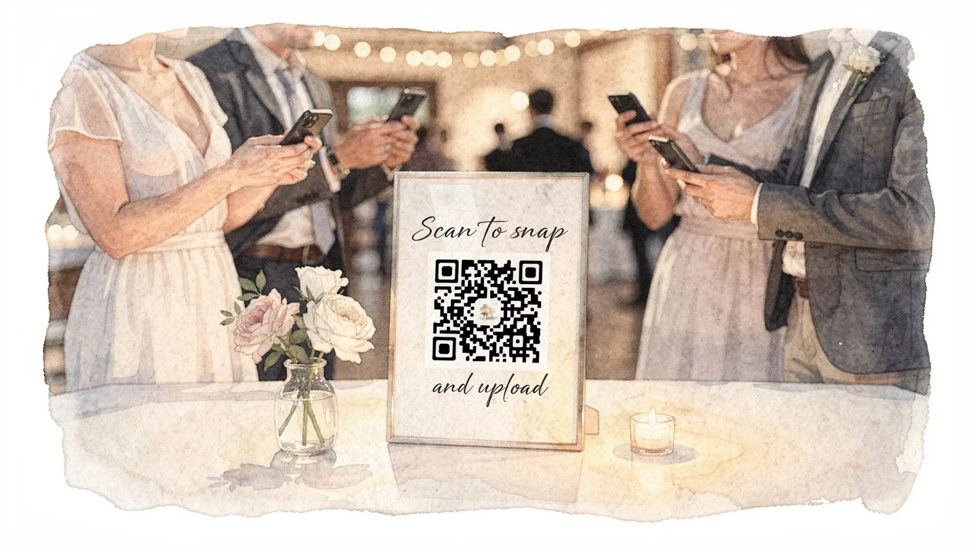 A simple event sign on a welcome table with a large QR code and short instructions like “Scan to snap and upload,” while guests nearby hold phones up to scan. The scene looks like a wedding or party check-in area with warm lighting and minimal decor.