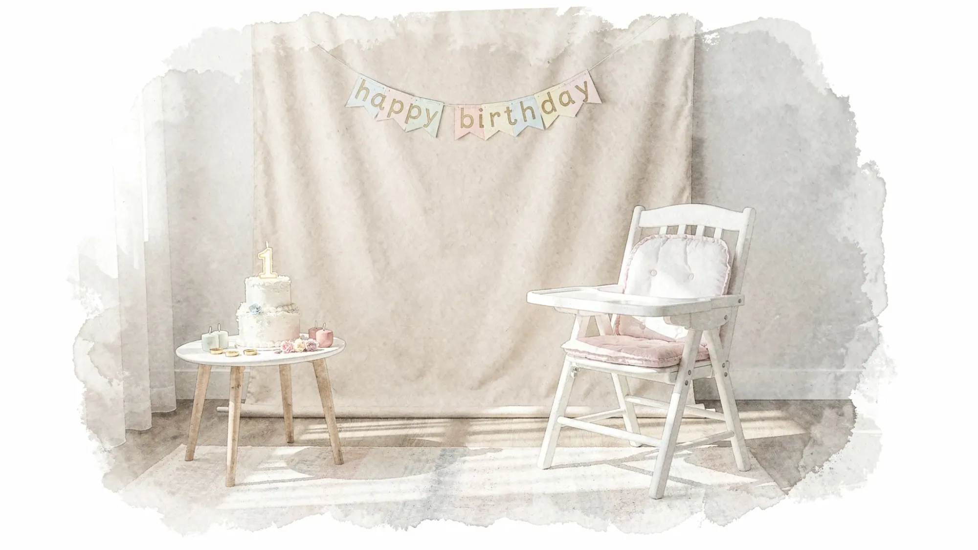 A simple first birthday “photo corner” setup in a living room with soft window light, a neutral backdrop, a small banner, a high chair nearby, and a side table holding cake and candles.
