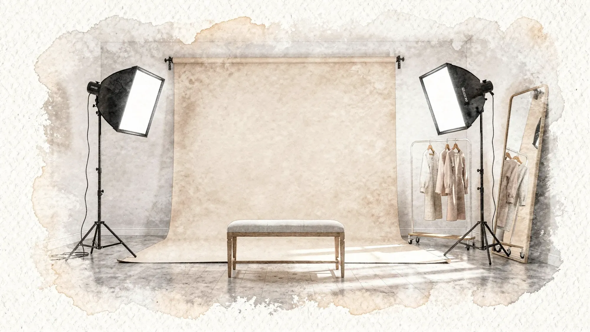 A bright, modern portrait photography studio set up for couples photos, featuring a neutral seamless backdrop, two studio strobes with softboxes, a simple posing bench, and a small styling area with hangers and a mirror.