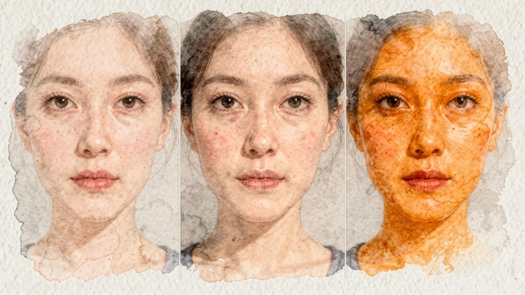 A side-by-side comparison showing the same portrait photo in three versions: unfiltered, a subtle camera app filter with realistic skin tone, and an overly strong filter that causes orange skin and blown highlights.