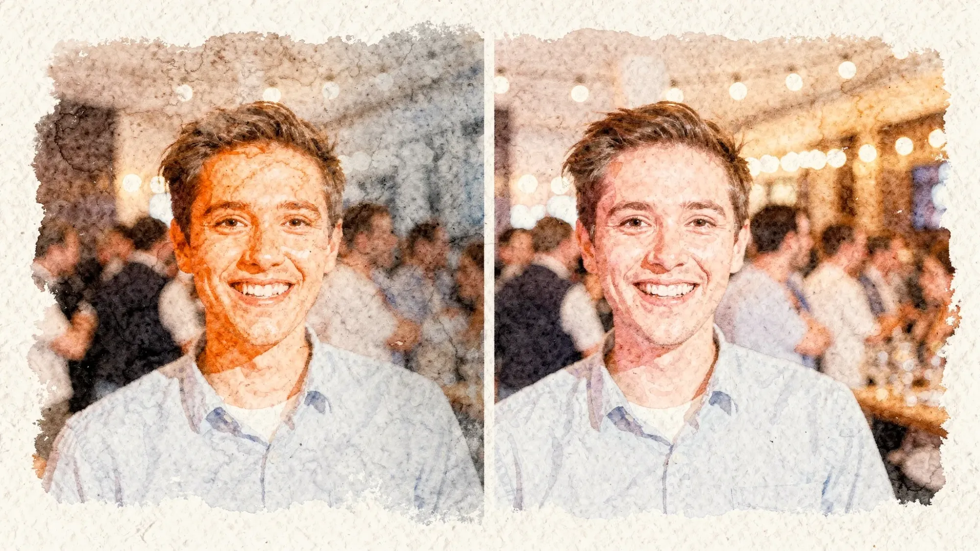 A side-by-side comparison of the same candid event photo: left shows an over-processed filter with orange skin, crushed shadows, and blown highlights; right shows a natural edit with realistic skin tones, preserved whites, and gentle contrast.
