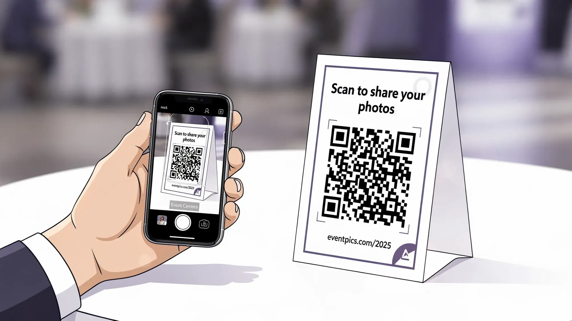 A guest at an event scans a printed QR code on a table tent, and their phone opens directly to a camera screen for the event. The table tent has a simple one-line instruction and a backup short link beneath the QR code.
