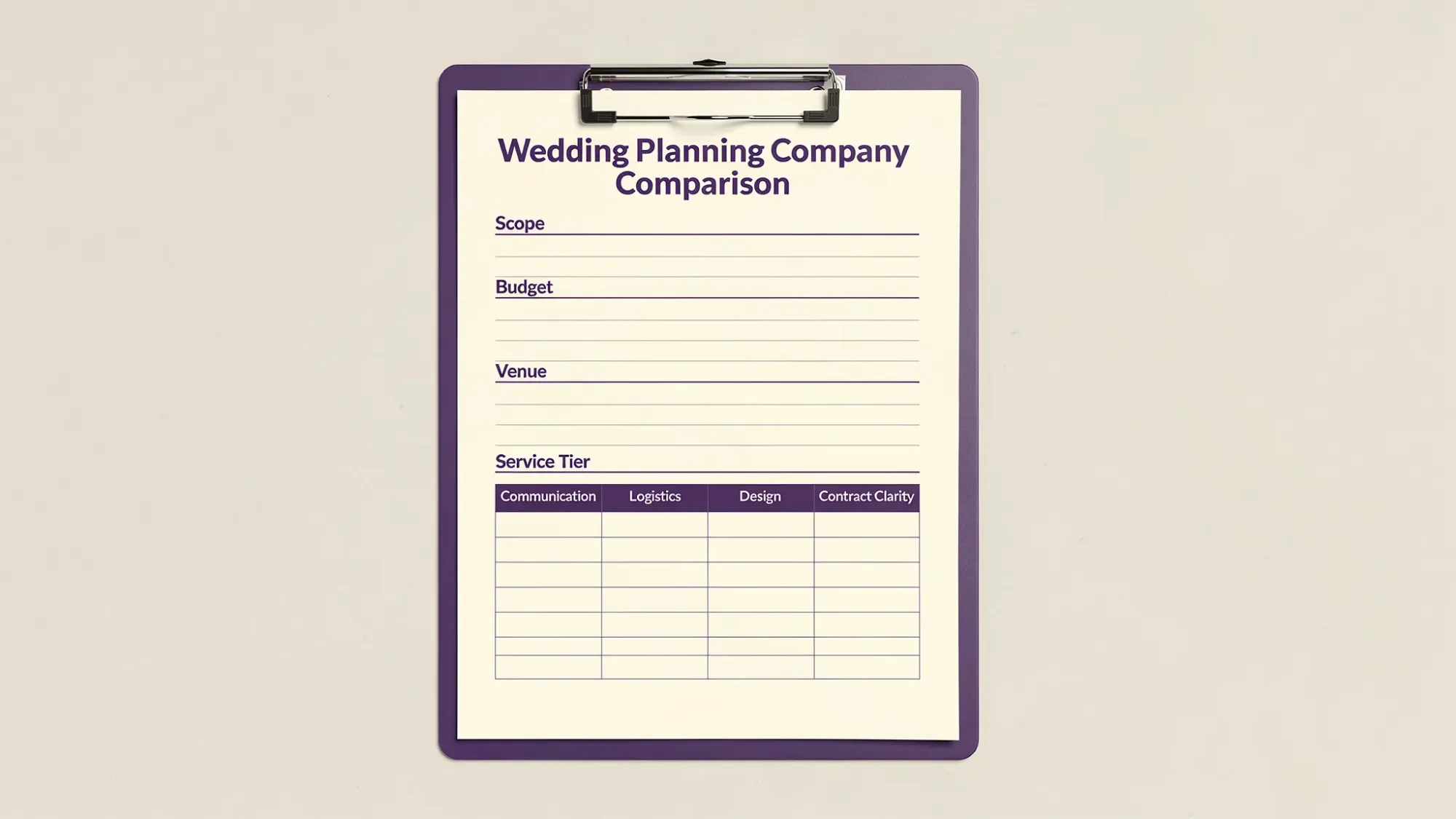 A simple one-page worksheet on a clipboard titled “Wedding Planning Company Comparison” with sections for scope, budget, venue, service tier, and a scoring grid for communication, logistics, design, and contract clarity.