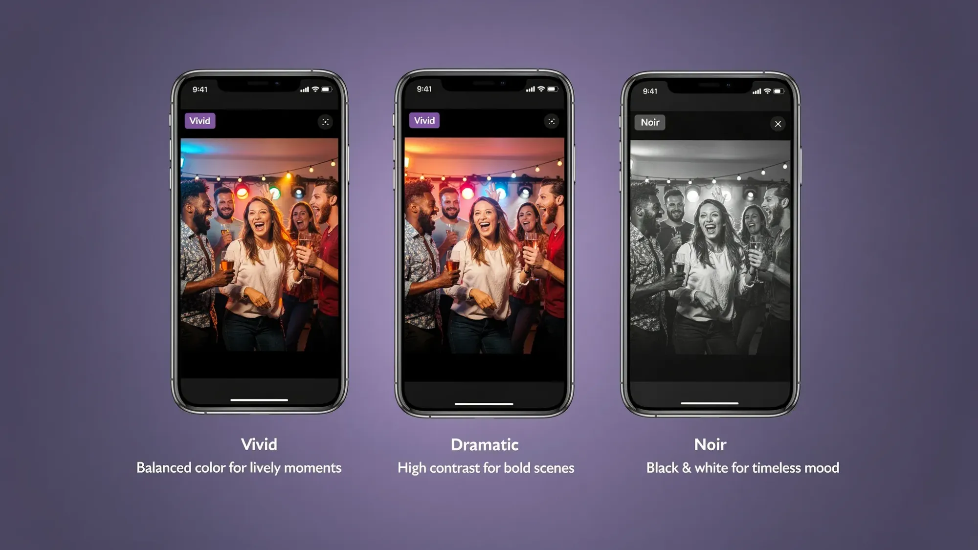 A comparison-style visual showing the same candid party photo in three iPhone looks: Vivid (balanced color), Dramatic (high contrast), and Noir (black and white). The scene includes party lighting and people dancing, illustrating when each filter is useful.