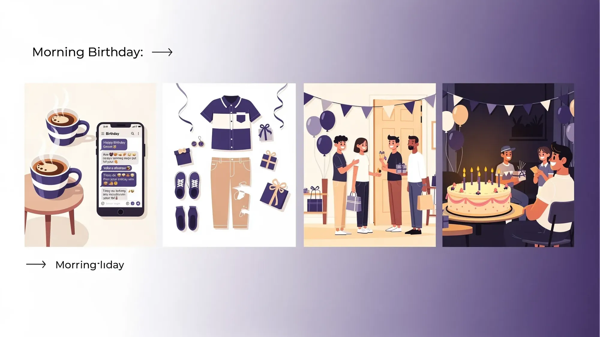 A simple visual timeline collage showing birthday moments from morning to night: coffee and birthday texts, outfit flat lay, decorations, friends arriving, candles on cake, and an end-of-night snapshot.