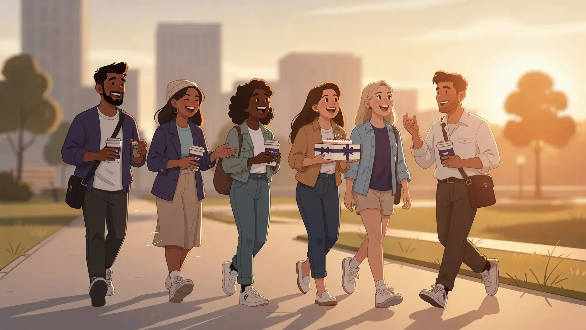 A stylish adult birthday group at golden hour in a city park, walking and laughing together, with warm sunset light and a clean background. One person holds a small cake box, others carry drinks, candid motion blur feels natural.