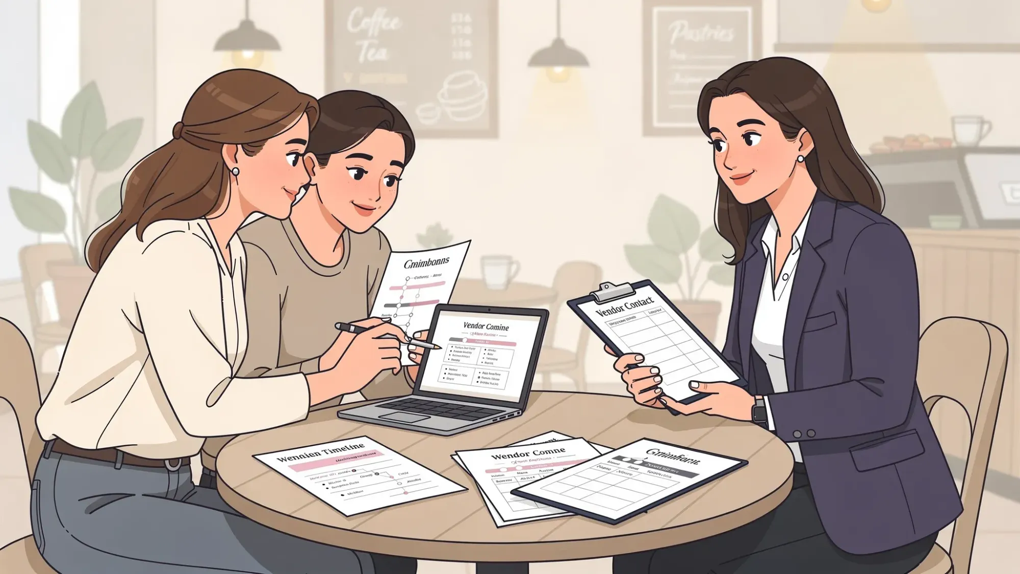 A couple sits at a café table with a laptop and printed wedding timeline pages, meeting with a wedding coordinator who has a clipboard and vendor contact sheet; the scene feels calm and organized.