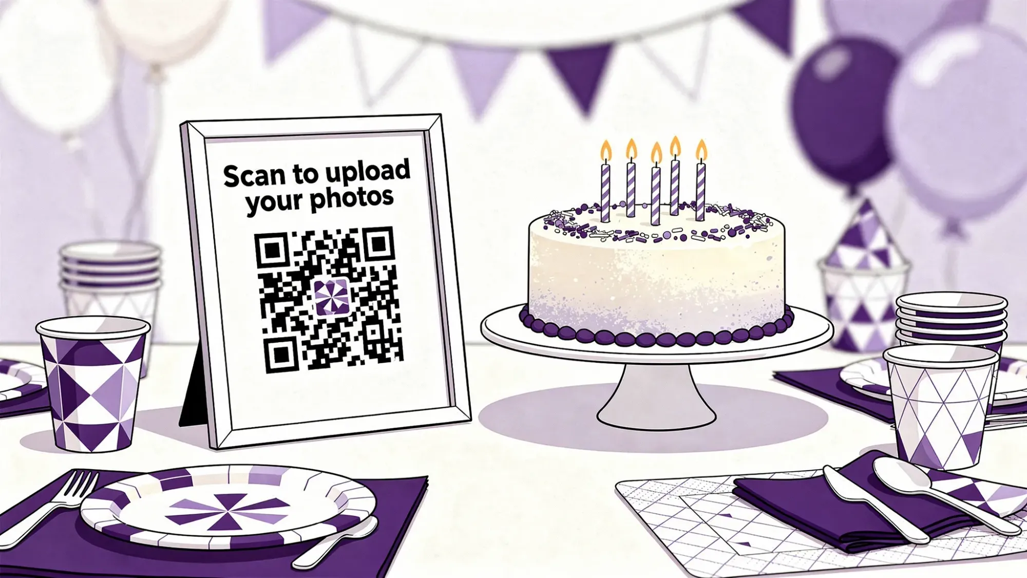A birthday party table scene with a small tabletop sign showing a QR code for guests to scan and upload photos, alongside a cake and simple party decorations.