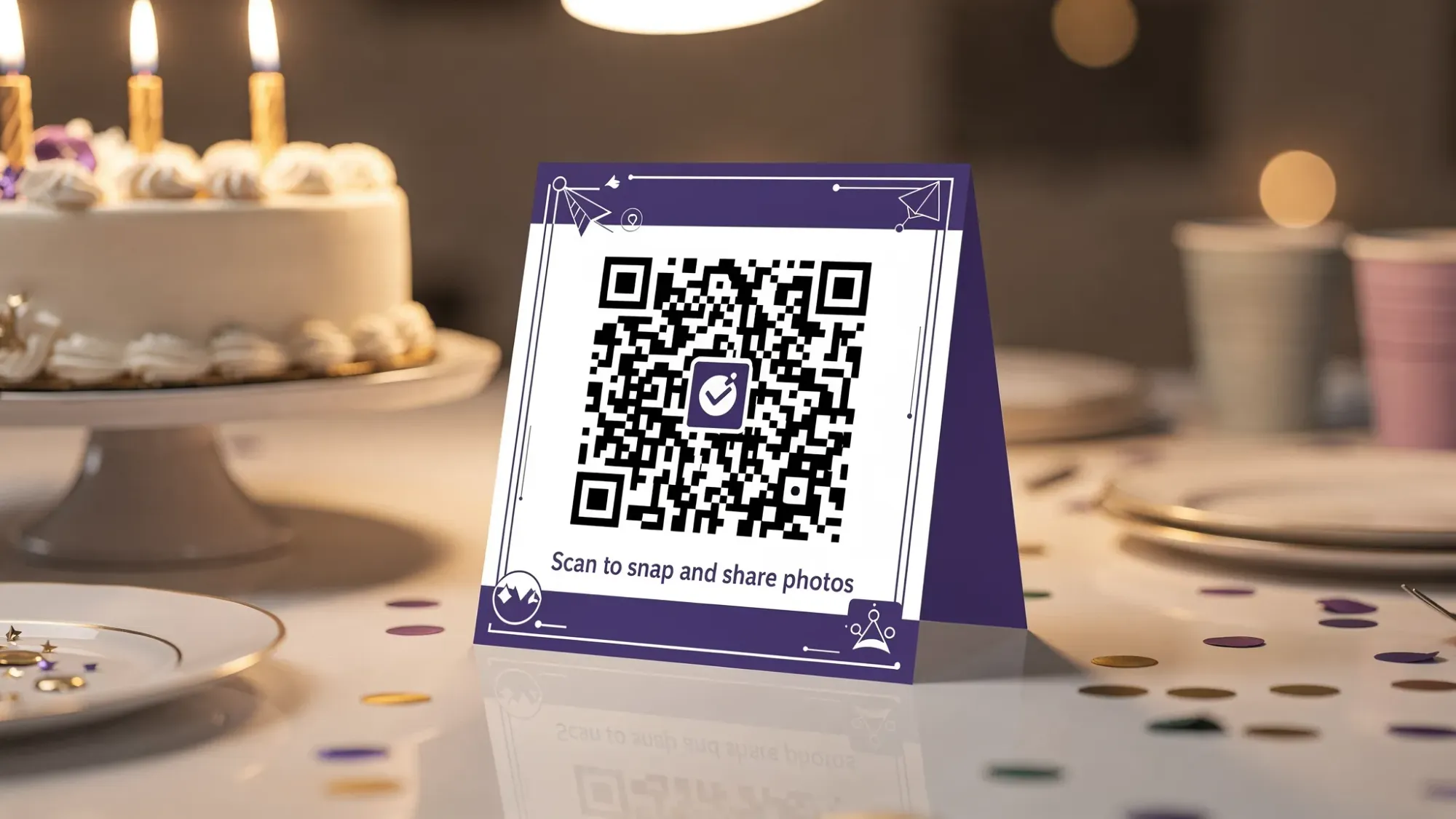 A tabletop sign at an adult birthday party with a large QR code and short instructions like “Scan to snap and share photos,” placed near a cake and candles in warm indoor light.