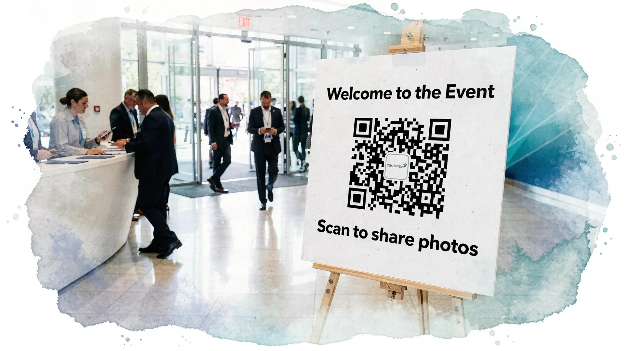 A corporate event welcome sign on an easel with a large QR code labeled “Scan to share photos,” placed near registration with attendees walking in, illustrating fast guest photo capture.