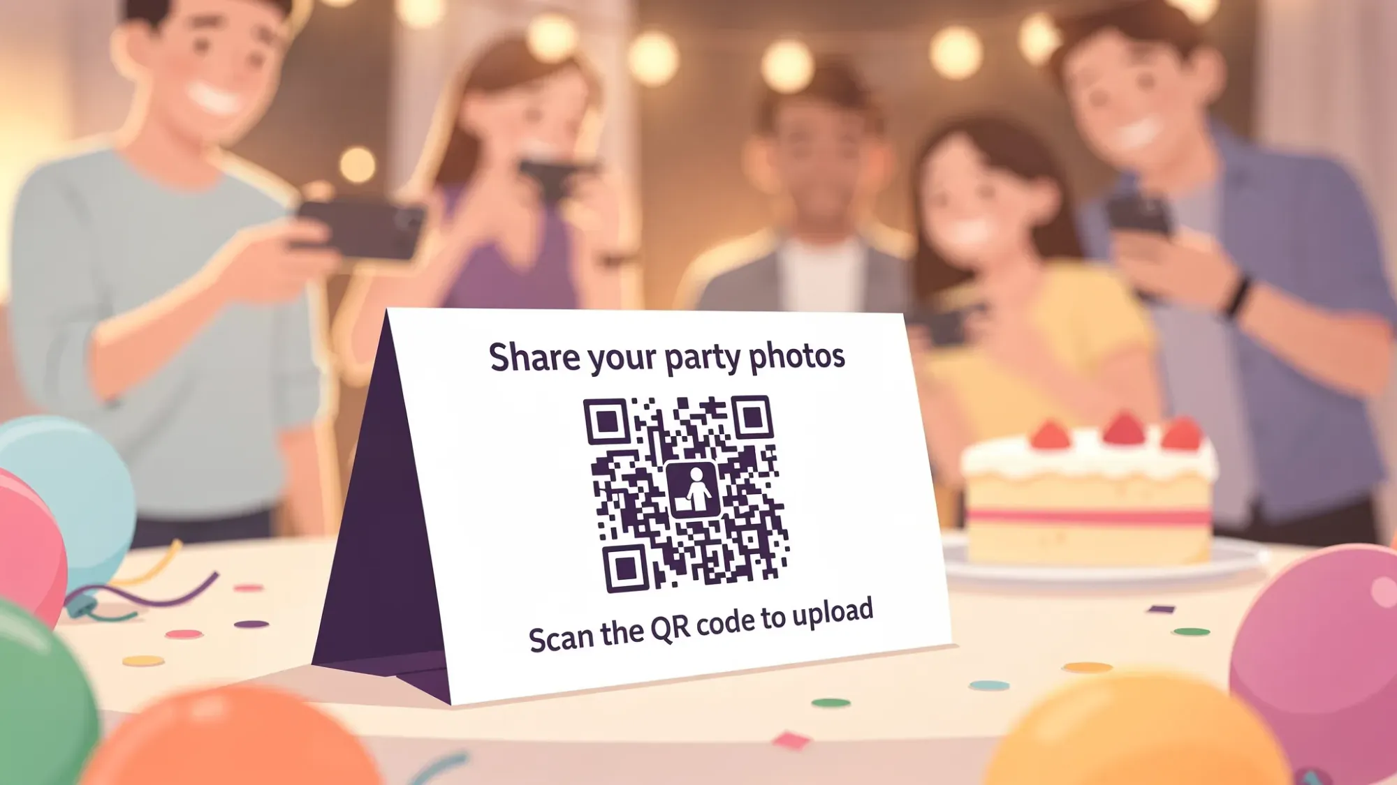 A birthday party table tent sign displaying a QR code for photo sharing, with guests nearby taking pictures and scanning the code in a warmly lit party setting.
